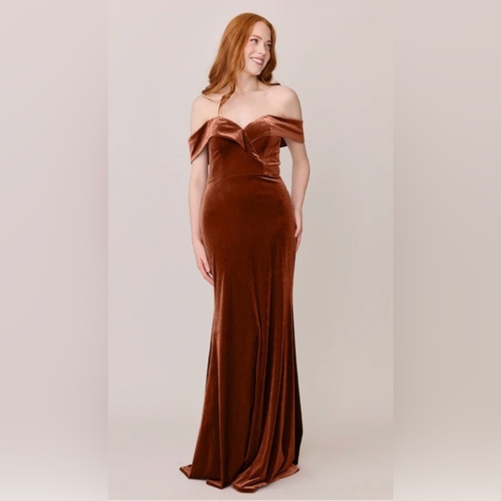 Revelry Bardot Rust Velvet Off-Shoulder Gown Size 12 Bridesmaid Formal Evening